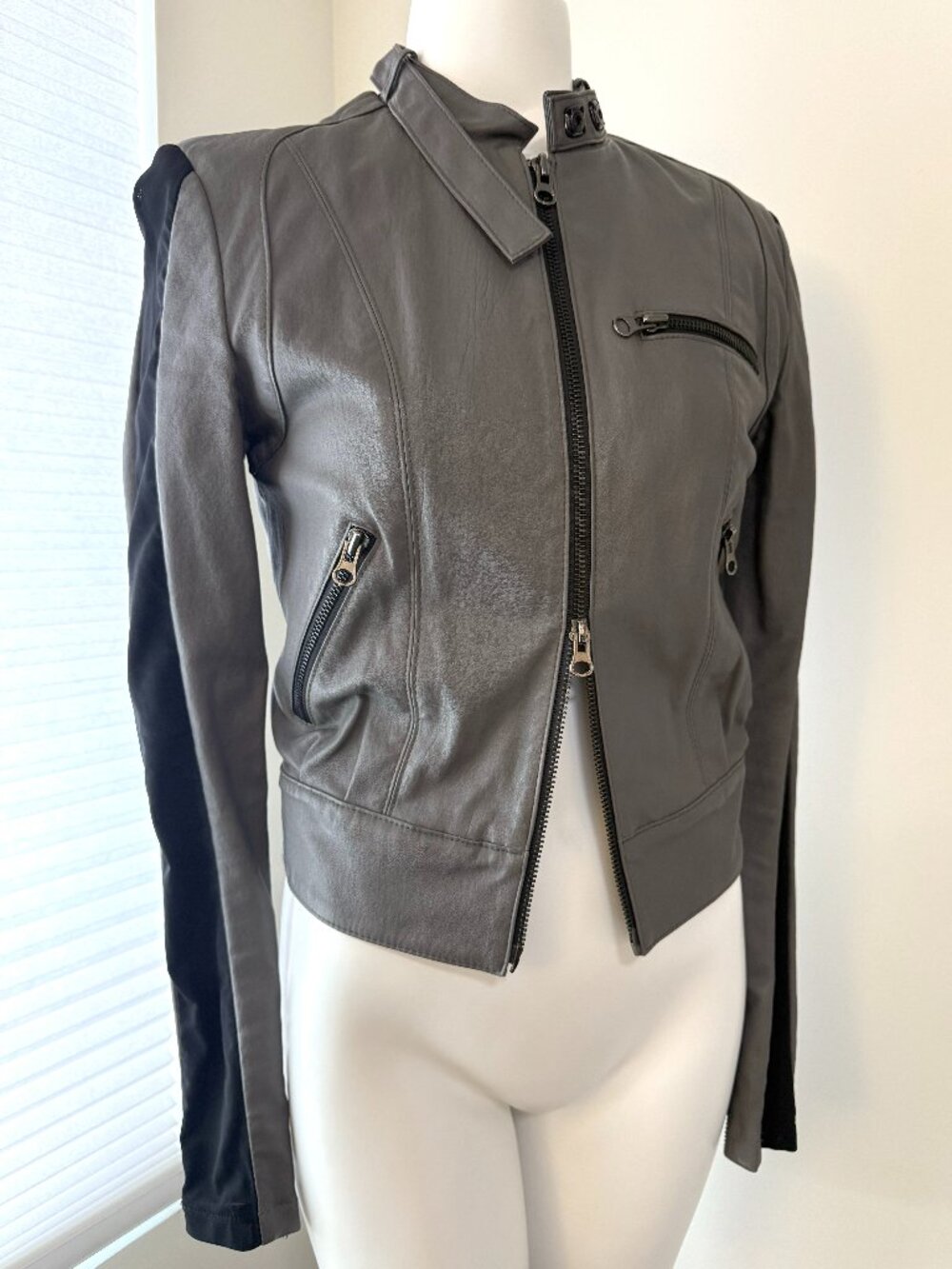 Authentic Thomas Wylde Grey Stretch Leather Jacket with Black Mesh Panels